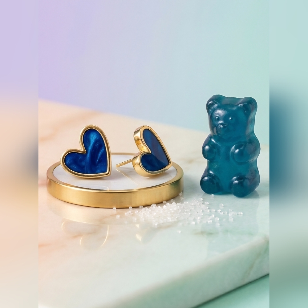Royal Blue Enamel Heart Stud Earrings Gold Tone Minimalist Y2K Preppy Jewelry